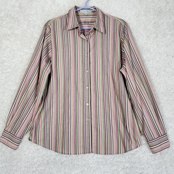 Foxcroft Womens Wrinkle Free Shirt Size 14 Pink Green‎ Stripe Button Up Office - Picture 1 of 10